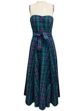 HUNTER BELL GREEN / BLUE MULTI TARTAN PRINT STRAPLESS MIDI DRESS WITH BELT